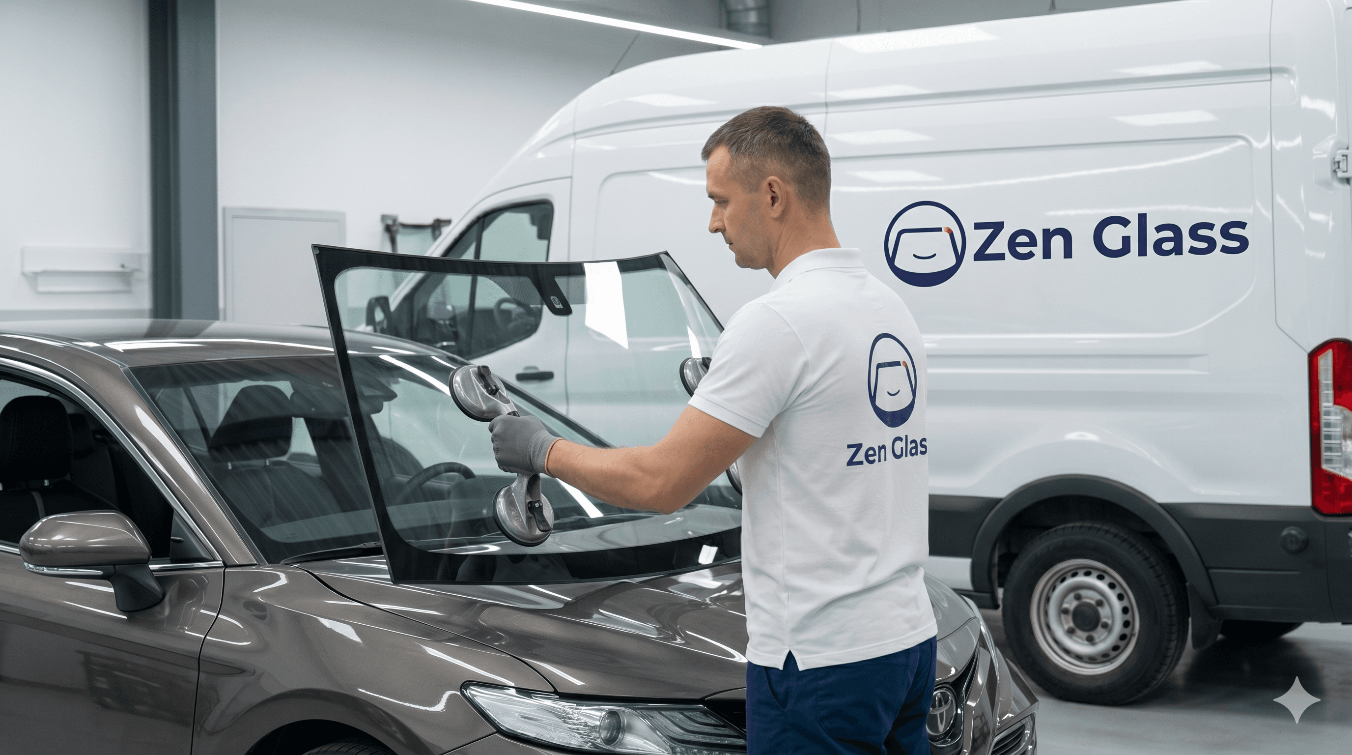 Technicien expert effectuant le remplacement d'un pare-brise à domicile